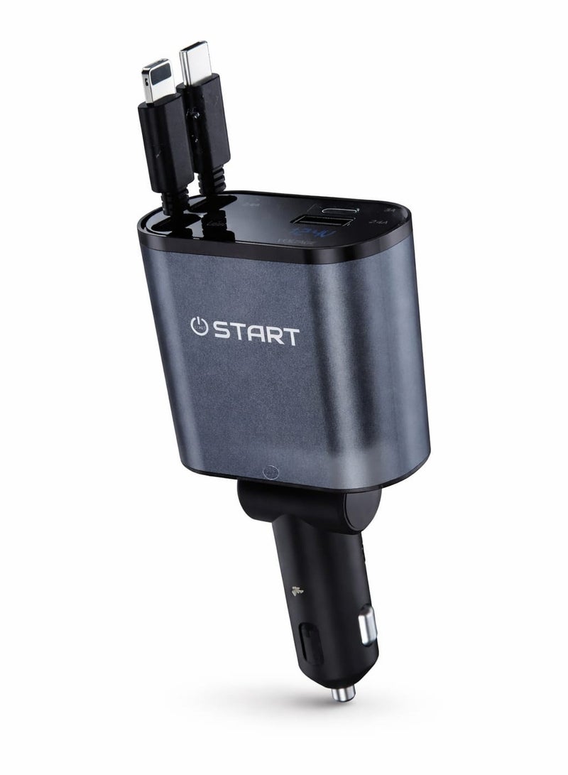 ST-A22 شاحن سيارة سريع 4 في 1 120 واط مع كابل تايب سي ولايتنينج وUSB A وUSB C شاشة ديجيتال طول 80 سم